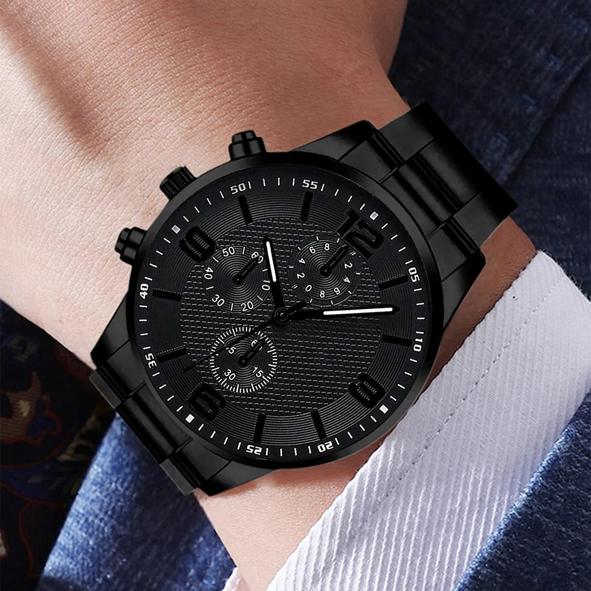 2/4PCS Black Men Watch Set Fashion Classic Three Eye Quartz Watch Jewelry Set Suitable for Daily Clothing Matching Perfect Gift