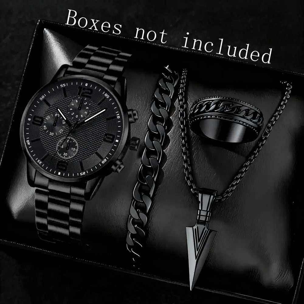 2/4PCS Black Men Watch Set Fashion Classic Three Eye Quartz Watch Jewelry Set Suitable for Daily Clothing Matching Perfect Gift