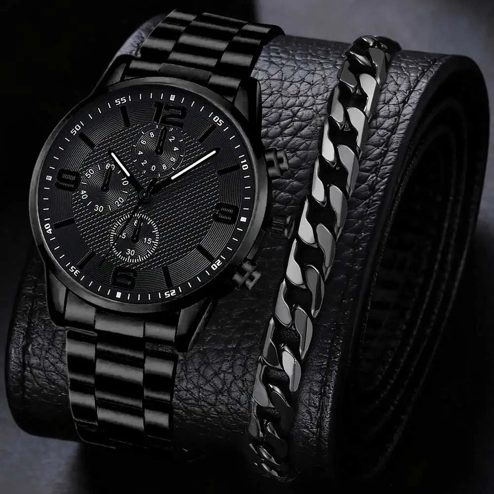 2/4PCS Black Men Watch Set Fashion Classic Three Eye Quartz Watch Jewelry Set Suitable for Daily Clothing Matching Perfect Gift