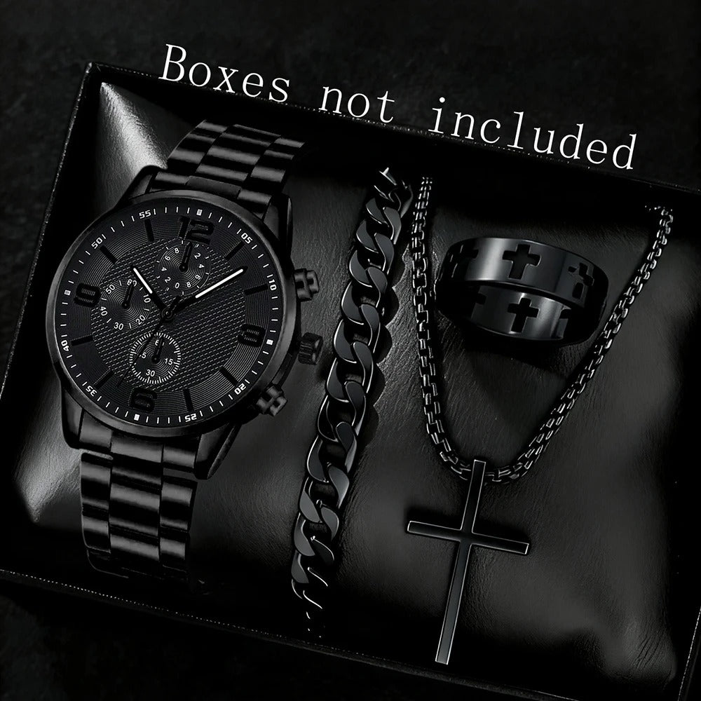 2/4PCS Black Men Watch Set Fashion Classic Three Eye Quartz Watch Jewelry Set Suitable for Daily Clothing Matching Perfect Gift