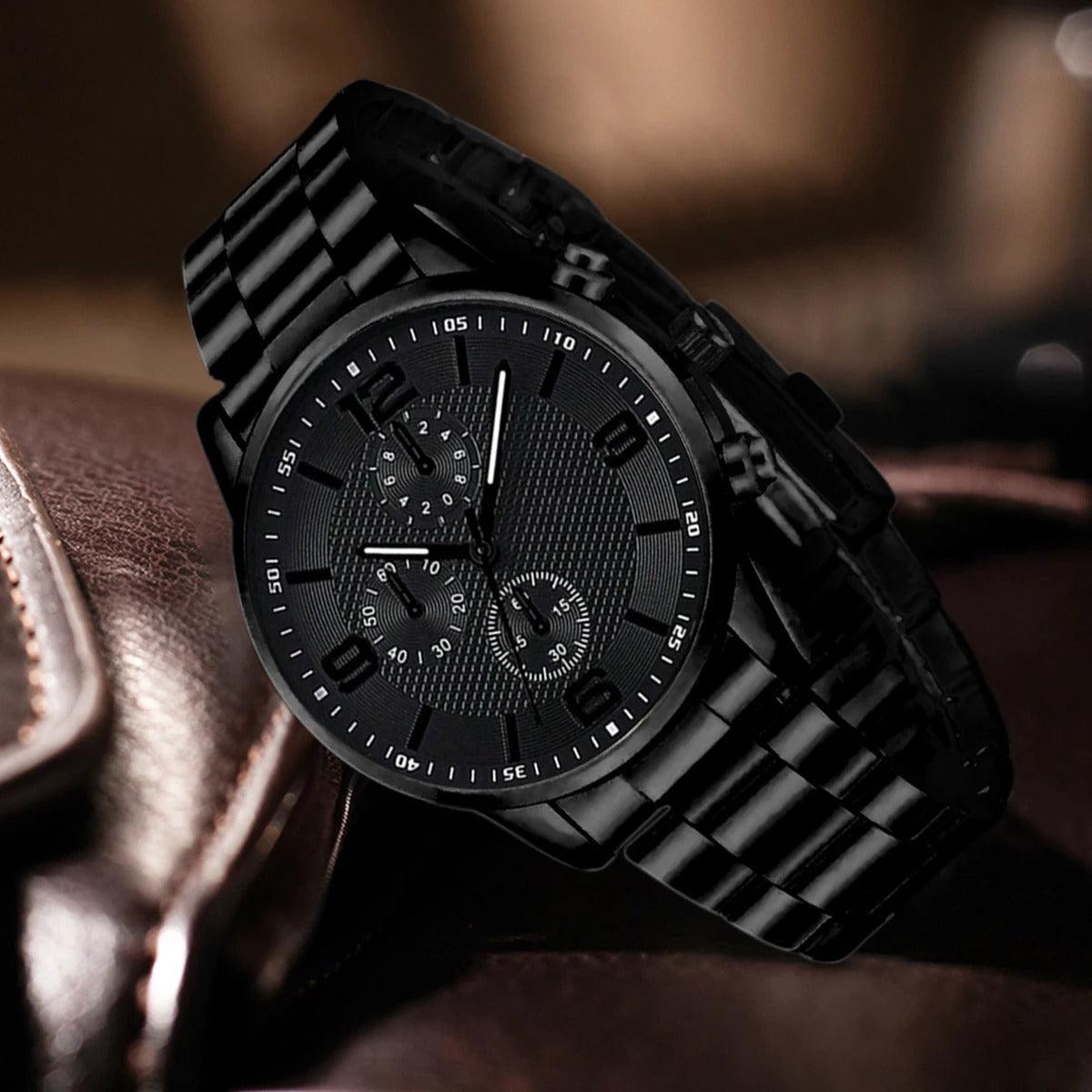 2/4PCS Black Men Watch Set Fashion Classic Three Eye Quartz Watch Jewelry Set Suitable for Daily Clothing Matching Perfect Gift
